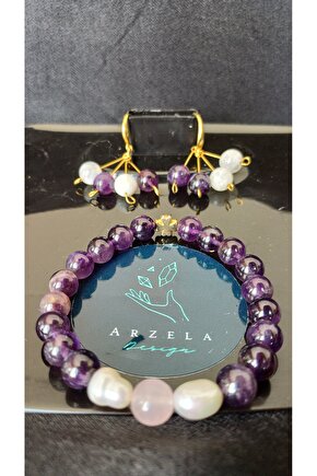 Doğal Taş Ametist Bileklik Ay Taşı ve Ametist Kupe Set