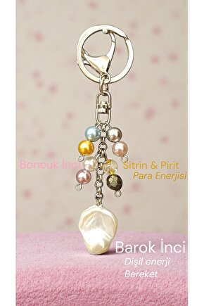 Doğal Taş Anahtarlik Barok İnci Sitrin ve Pirit Para Miknatisi Bolluk ve Bereket  Anahtarlğı