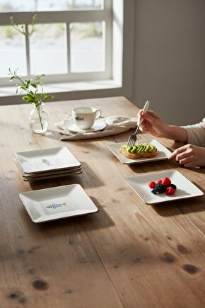 Balık Desenli Kare Siera 20cm Pasta Tabağı 6 Adet