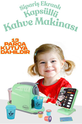 Oyuncak Sipariş Ekranlı Kahve Makinası 13 Parça Aksesuarları Birlikte Kahve Kapsüllü Kahve Dükkanım