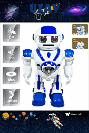 Mavi Büyük Boy Disk Atan Yürüyen Oyuncak Uzay Savaşçısı Robot Sesli Işıklı ve Pilli Robot +3 Yaş
