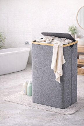 100 L Bambu Kenarlı Kapaklı Çamaşır Sepeti – Gri Kumaş, 44x33x70 cm Büyük Kirli Sepeti