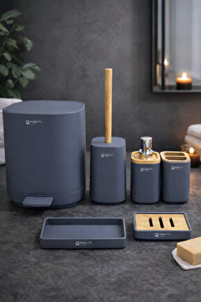 Bambu Detaylı Banyo Seti 6’lı – Mat GriAntrasit Tezgah Üstü Organizer + Pedallı Çöp Kovası