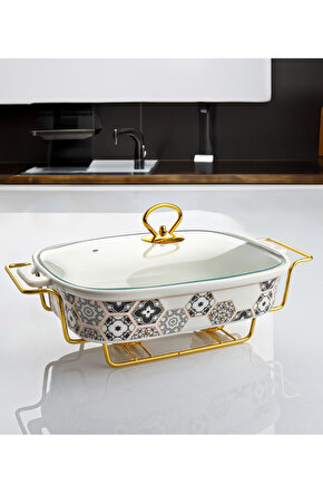 Gold Standlı 34 Cm Porselen Tencere Fırın Kabı Cam Kapaklı Isıya Dayanıklı Sunum Güveci Dikdörtgen