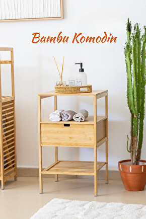 Doğal Bambu Çekmeceli Çok Amaçlı Raf Komodin – Banyo & Ev Düzenleyici Dolap Şifonyer