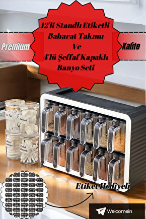 12li Standlı Kendinden Yapışkanlı Kapaklı Kaşıklı Baharatlık Takımı Ve 4lü Şeffaf Kapaklı Banyo Seti