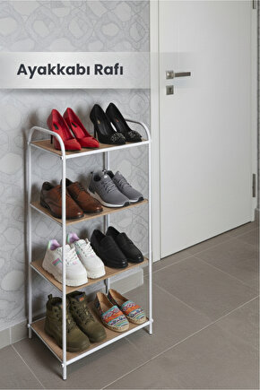 4 Katlı Beyaz Ahşap Ayakkabılık Rafı 4 Bölmeli Ayakkabılık Düzenleyici
