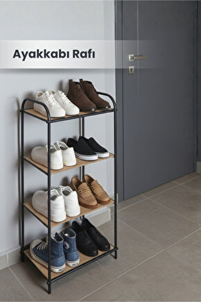 4 Katlı Siyah Ahşap Ayakkabılık Rafı 4 Bölmeli Ayakkabılık Düzenleyici