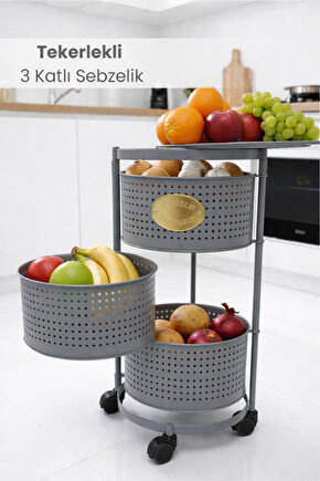 3 Katlı Tekerlekli Tepsili Metal Sebzelik Açılır Patates Soğan Meyvelik Sepeti Raf Antrasit Gri