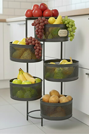 Metal Sebzelik 5 Katlı Tepsili Açılır Metal Patates Soğan Meyvelik Sepeti Rafı Antrasit Gri