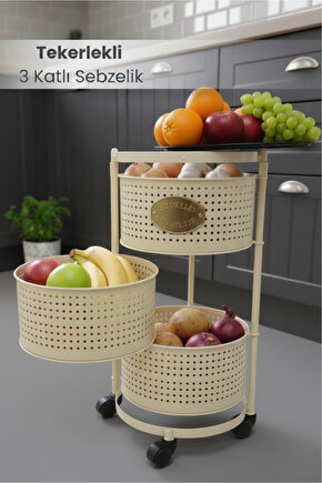 3 Katlı Tekerlekli Tepsili Metal Sebzelik Açılır Patates Soğan Meyvelik Sepeti Raf KREM