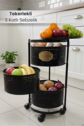 3 Katlı Tekerlekli Tepsili Metal Sebzelik Açılır Patates Soğan Meyvelik Sepeti Raf SİYAH