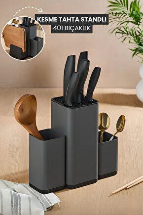 4Ü1 Bıçaklık Kaşıklık Kesme Tahta Standlı Mutfak Tezgah Üstü Dik Düzenleyici