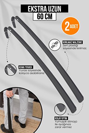 2 Adet - Antrasit 60 Cm Ayakkabı Çekeceği | Sert Plastik Asılabilir Çekecek Yumuşak Kerata Uzun