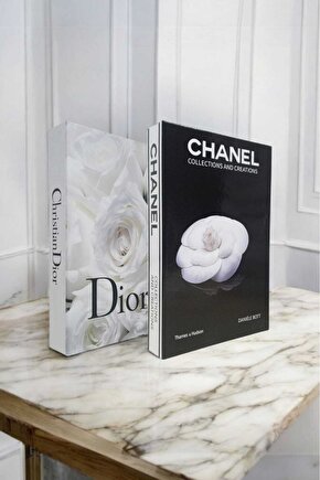 2li Dekoratif Kitap Kutu Görünümlü Chanel Siyah Gül & Dior Beyaz Gül Temalı