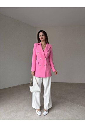 Kadın Çift Düğme Atlas Kumaş Ceket