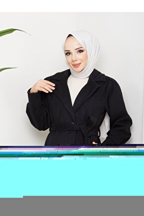 Kol Detaylı Kaşe Kumaş Kuşaklı Düğmeli Siyah Midi Boy Kaban