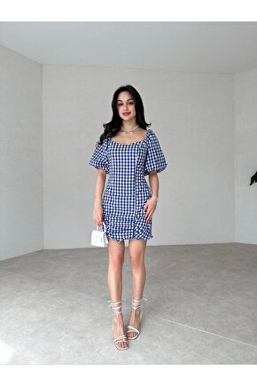 Pötikareli Lacivert Mini Elbise
