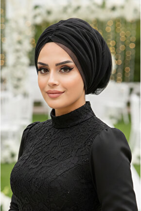 Siyah Tül Büzgülü Dolama Bone