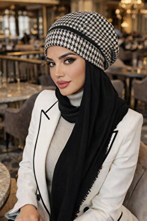 Siyah Beyaz Kazayağı Tesettür Bere Şal