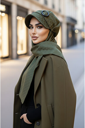 Haki Kapitone Tokalı Tesettür Şapka