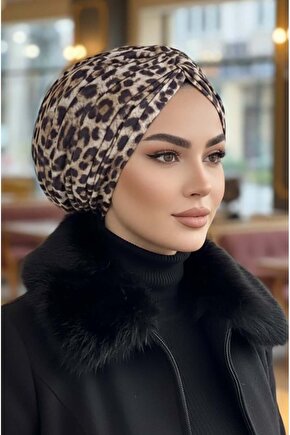Leopar Desenli Büzgülü Bone