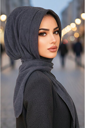 Antrasit Kapüşonlu Kışlık Çıtçıtlı Şal