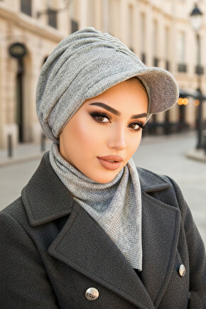 Gri Triko Büzgülü Tesettür Şapka Ve Etol Takım
