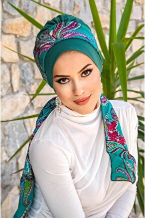 Zümrüt Etnik Desen Fularlı Bone