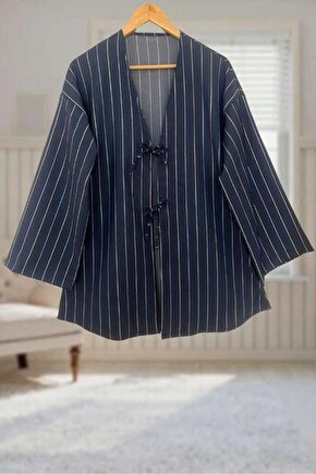 Kot Mavi Çizgili Önü Bağlamalı Kimono Tunik  85 CM BOY