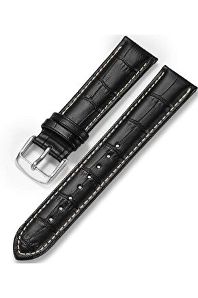 22 Milim Hakiki Dana Derisi beyaz Dikişli Siyah Saat Kayışı