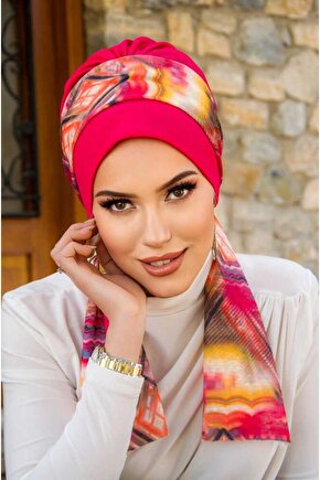 Fuşya Retro Desen Fularlı Bone