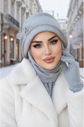 Gri Taşlı Aksesuarlı Vintage Şapka