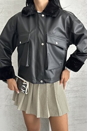 Kadın Suni Deri İçi Kürklü Oversize Bomber Ceket – Kışlık Peluş Detaylı Deri Mont