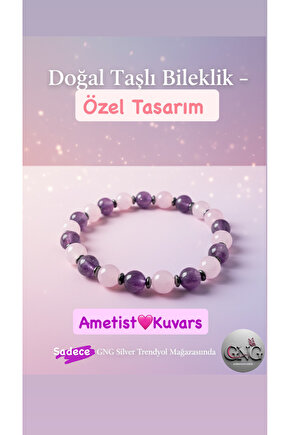 Doğal Taş Bileklik – Pembe Kuvars & Ametist 7mm Taşlı – GNG Silver Özel Tasarım