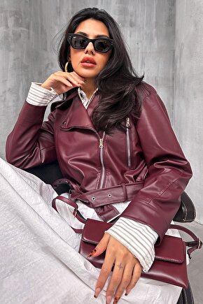 Kemerli Bordo Crop Deri Ceket