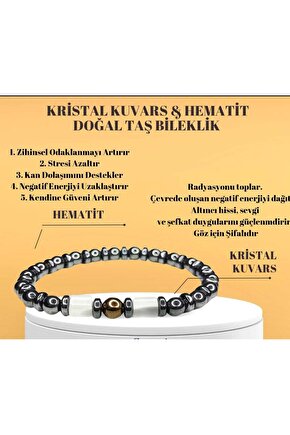 Kristal Kuvars ve Hematit Doğal Erkek Kadın Bijuteri Hediye Bileklik Aksesuar