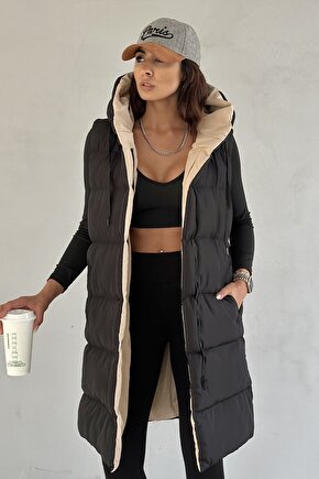 Kadın Çift Taraflı Uzun Şişme Yelek Kapüşonlu Oversize - Siyah, Bej