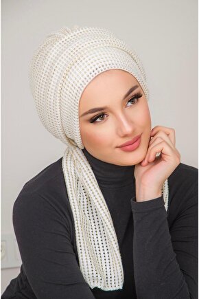 Krem Ajurlu Atkılı Tesettür Bone