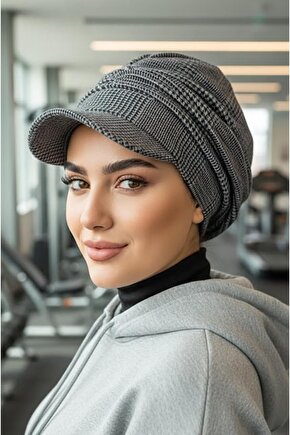 Gri Siyah Ekose Desen Tesettür Şapka