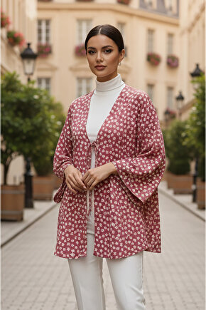 Pudra Çiçekli Önü Bağlamalı Kimono Tunik  Ütü İstemez 85 CM BOY