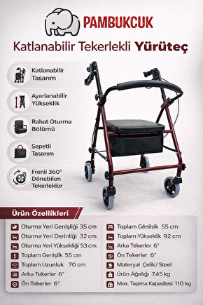 Pambukcuk Çantalı Arkalıklı Tekerlekli Yürüteç Walker Ekonomik Rollator Hasta Yaşlı Yürüteci 8026