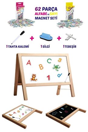 Masa Üstü Manyetik Çift Taraflı Ahşap Çocuk Yazı Tahtası (62 parça magnet set hediyeli)