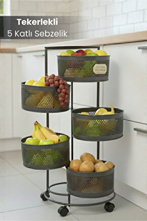 5 Katlı Tekerlekli Tepsili Metal Sebzelik Açılır Patates Soğan Meyvelik Sepeti Raf Antrasit Gri