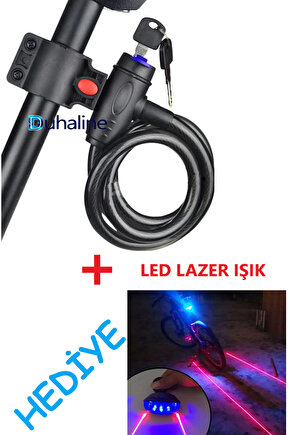Çelik Kilit Bisiklet Motosiklet Kilidi + Lazer LED Işık HEDİYELİ Scooter ve Bebek Arabası İçin Uygun