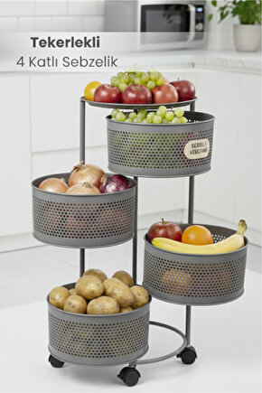 4 Katlı Tekerlekli Tepsili Metal Sebzelik Açılır Patates Soğan Meyvelik Sepeti Raf Antrasit Gri