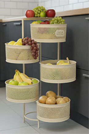 Metal Sebzelik 5 Katlı Tepsili Açılır Metal Patates Soğan Meyvelik Sepeti Rafı Krem