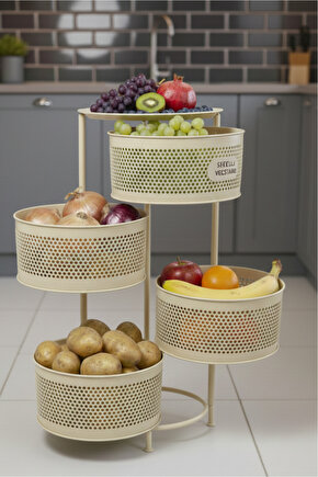 4 Katlı Tepsili Metal Sebzelik Açılır Metal Patates Soğan Meyvelik Sepeti Rafı Krem