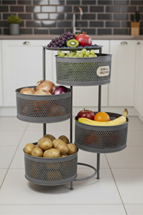 4 Katlı Tepsili Metal Sebzelik Açılır Metal Patates Soğan Meyvelik Sepeti Rafı Antrasit Gri