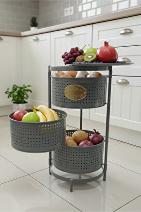 3 Katlı Tepsili Metal Sebzelik Açılır Metal Patates Soğan Meyvelik Sepeti Rafı Antrasit Gri